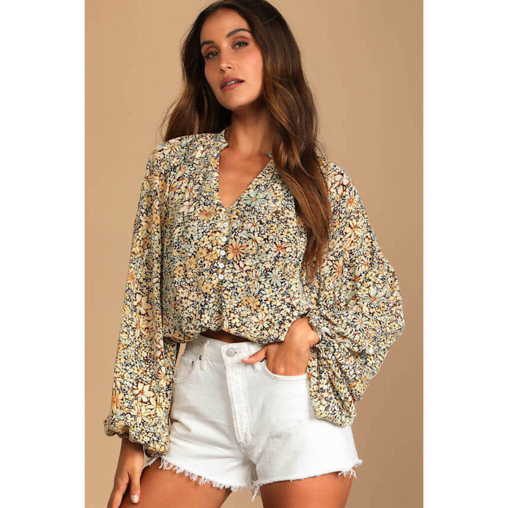 Lulus Season Of Blooms Cream Multi Floral Print Balloon Sleeve Top Beige